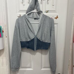 Fashion Nova Denim and Gray Contrast Hoodie